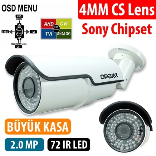 OPAX-8038 2 MP 1080P IMX307 SONY 4 MM Lens 72 IR Led OSD Menü 4 in 1 AHD Bullet Kamera