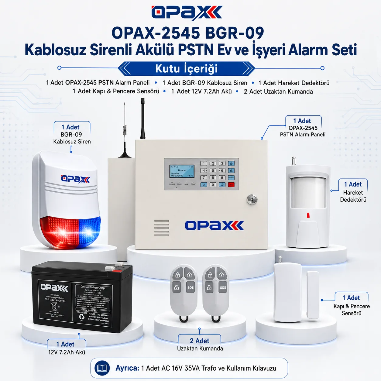 OPAX-2545 BGR-09 Kablosuz Sirenli Akülü PSTN Alarm Seti Kutu İçeriği