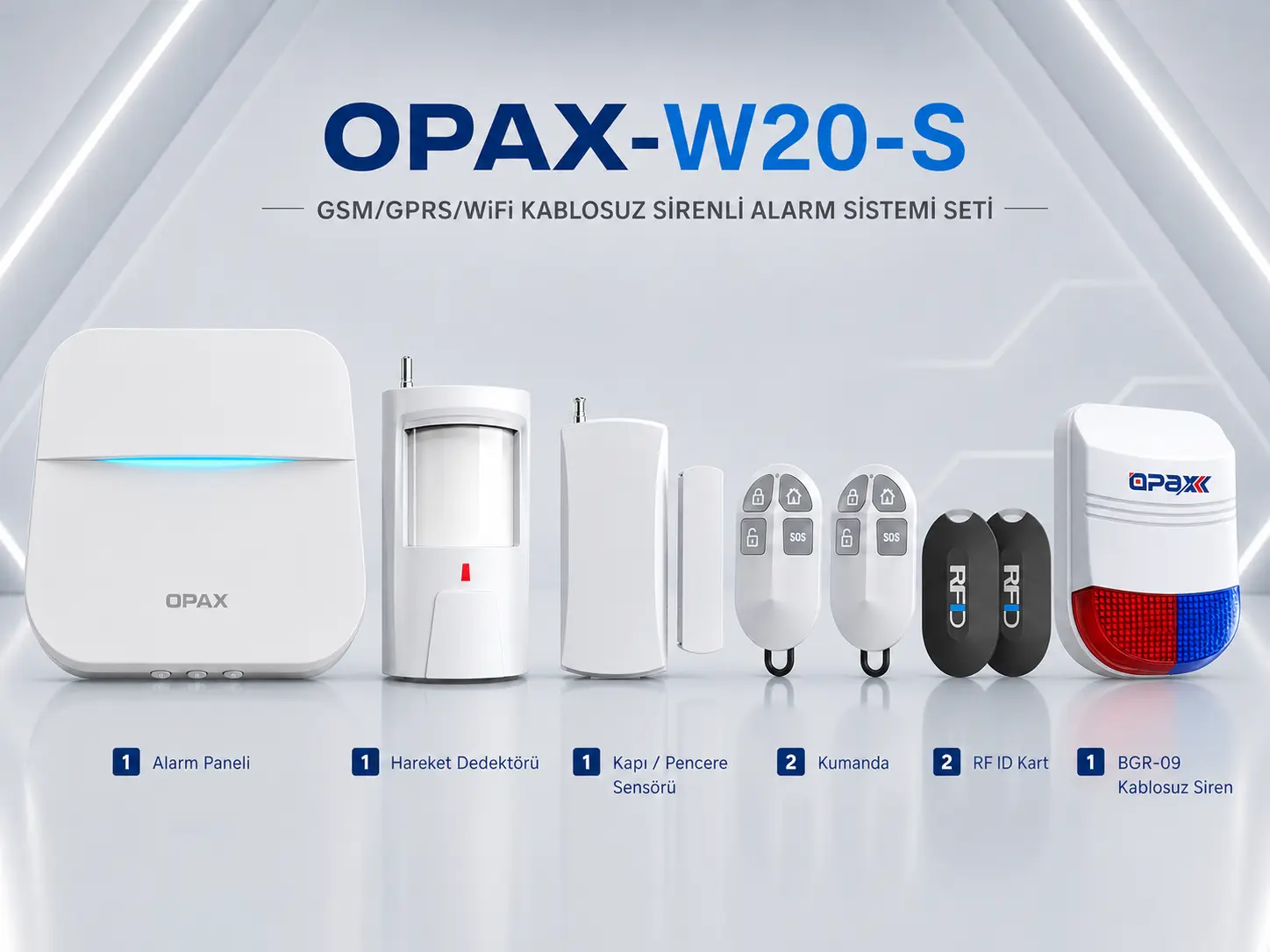 OPAX-W20-S Ürün İçeriği İnfografik Alanı OPAX-W20-S BGR-09 Kablosuz alarm sistemi kutu içeriği