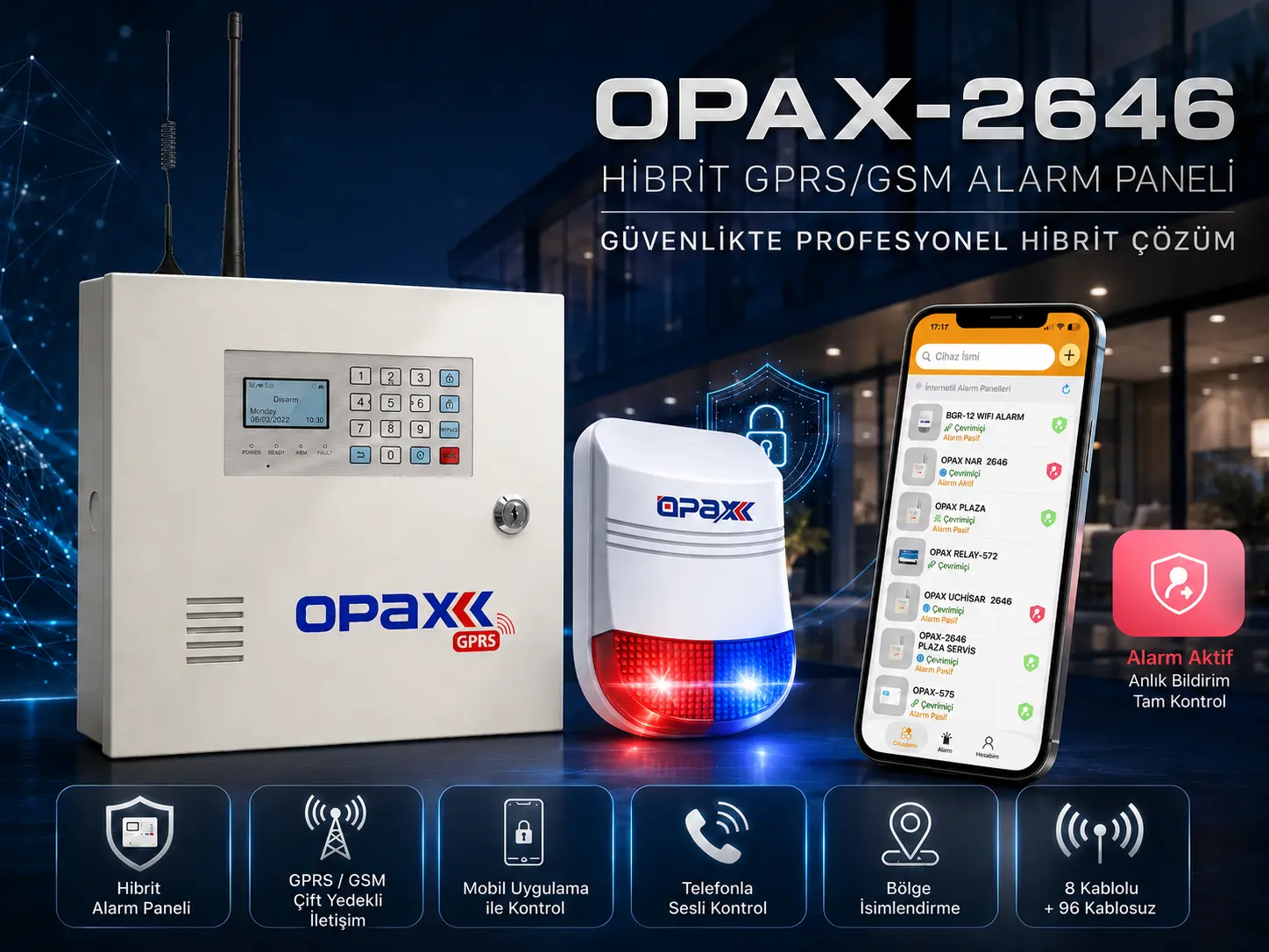 OPAX-2646 GPRS GSM BGR-09 kablosuz sirenli akülü alarm seti ürün görseli