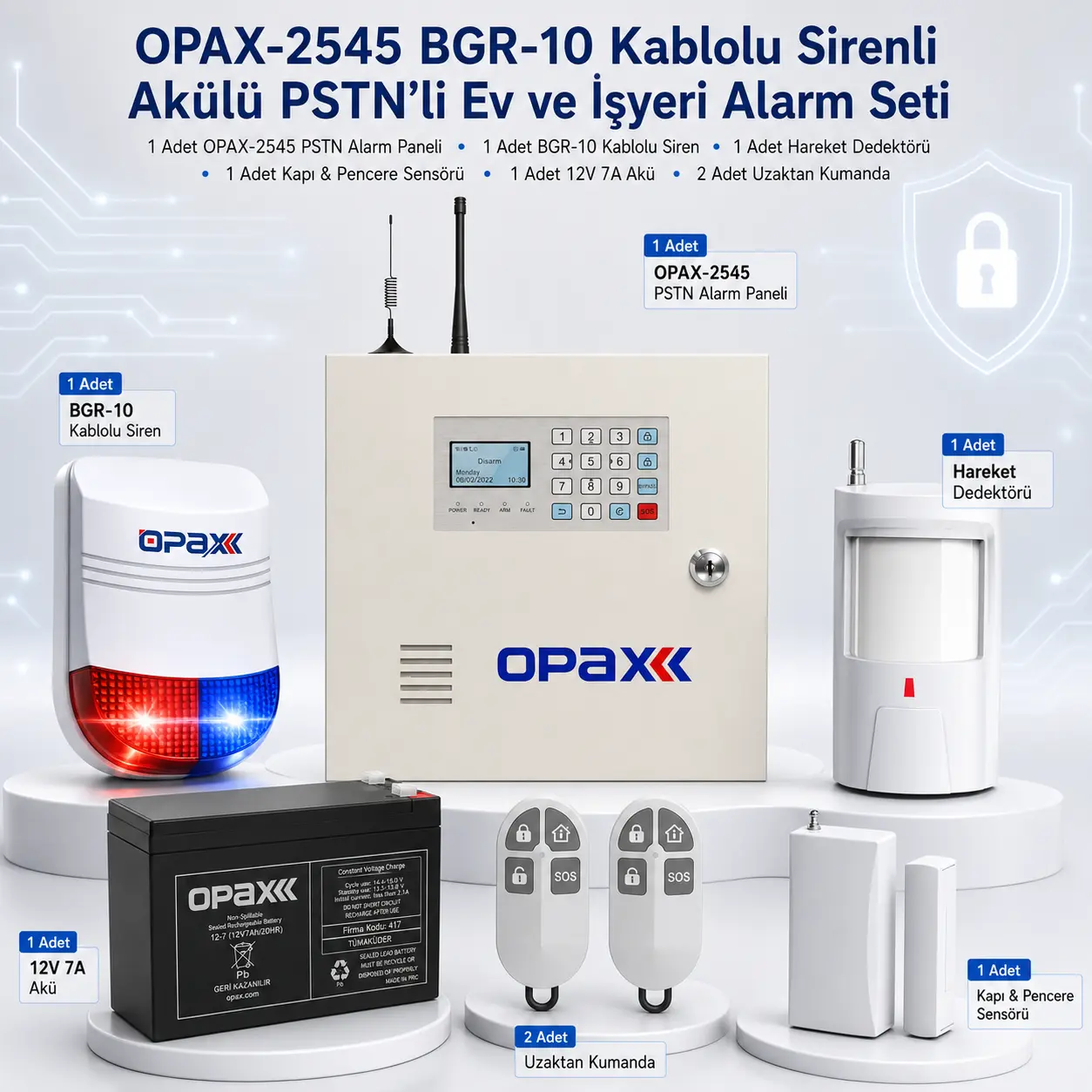 OPAX-2545 BGR-10 Kablolu Sirenli Akülü PSTN Alarm Seti Kutu İçeriği