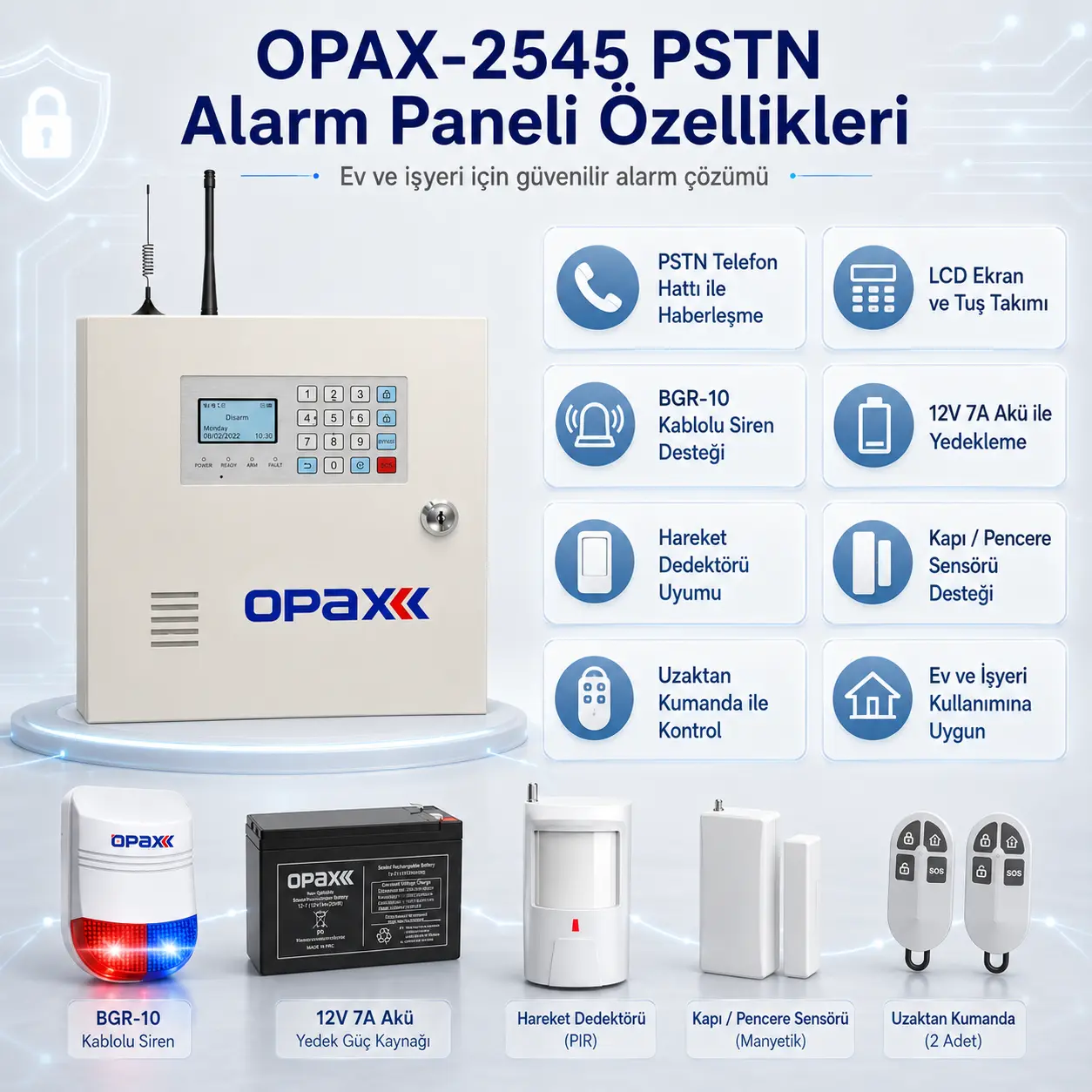 OPAX-2545 BGR-10 Kablolu Sirenli Akülü PSTN Alarm Seti Özellikleri