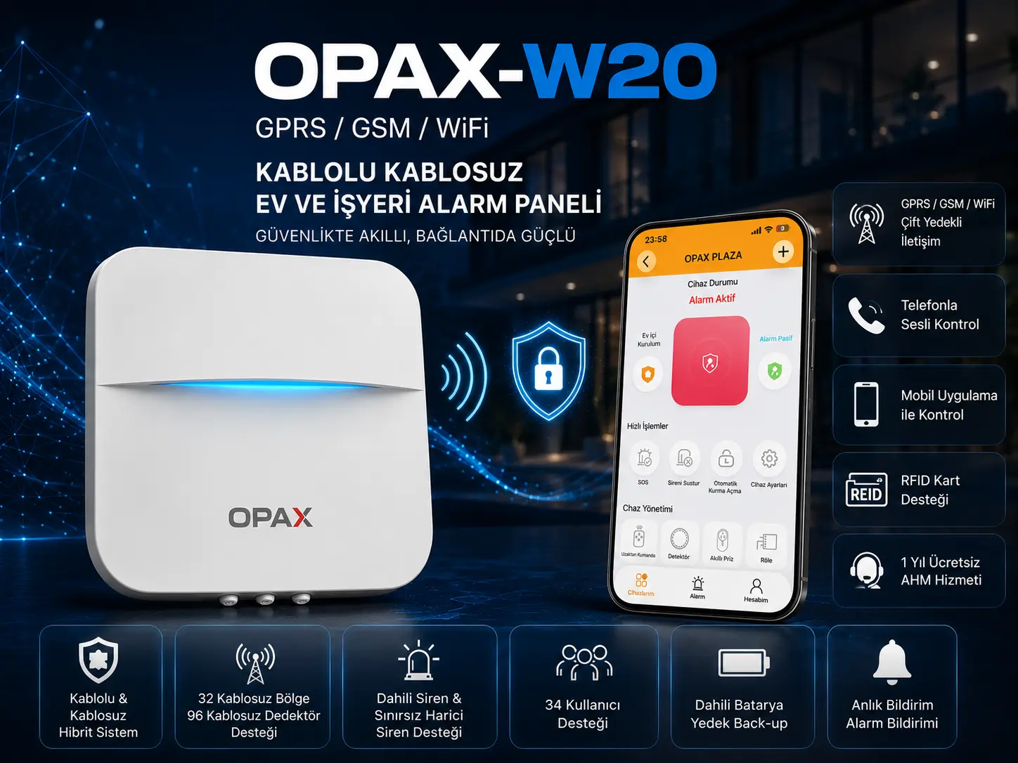 OPAX-W20-S GPRS GSM WiFi kablosuz network alarm paneli ürün görseli