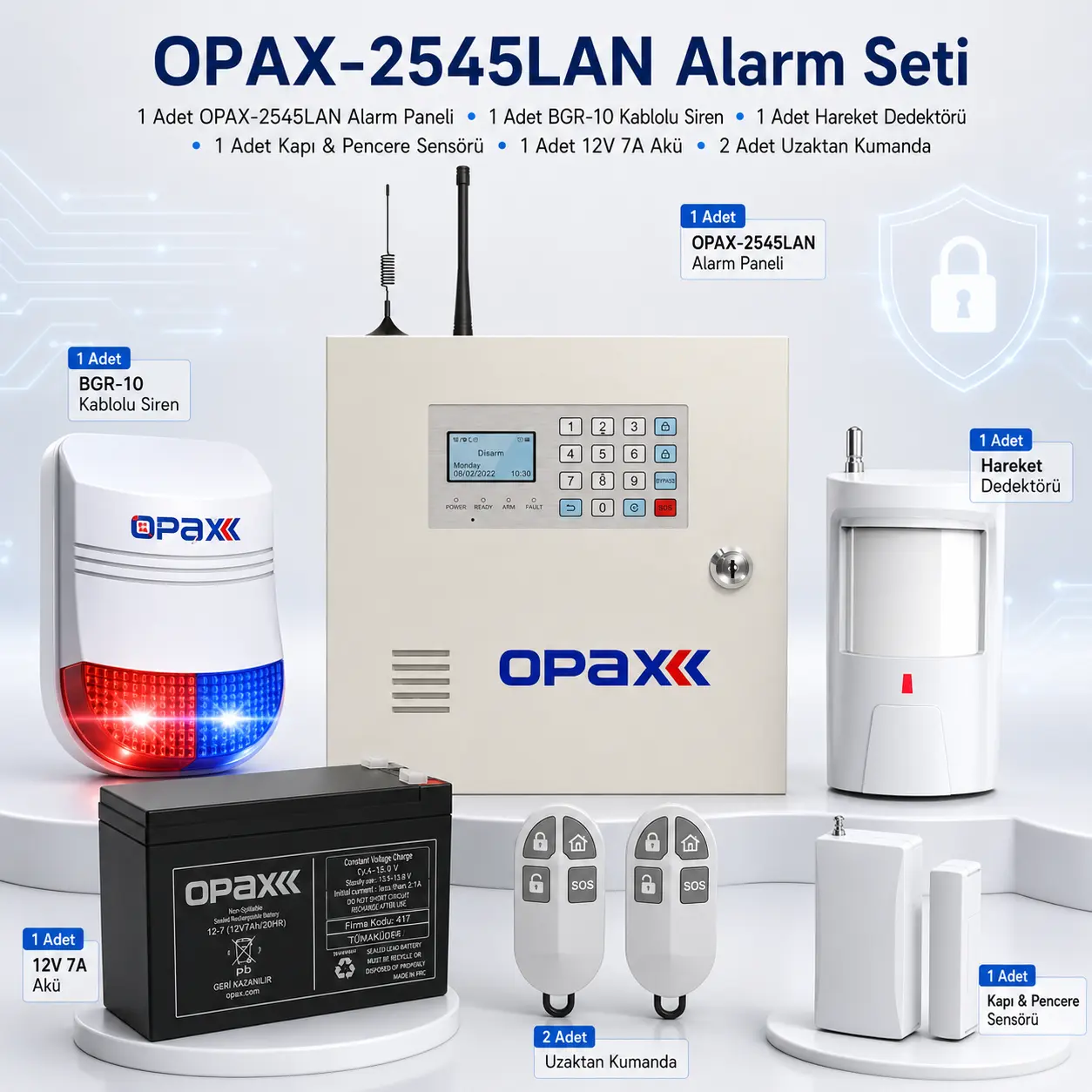 OPAX-2545LAN LAN/PSTN BGR-10 Kablolu Sirenli Akülü Alarm Seti Kutu İçeriği OPAX-2545LAN BGR-10 kablolu sirenli akülü alarm seti kutu içeriği