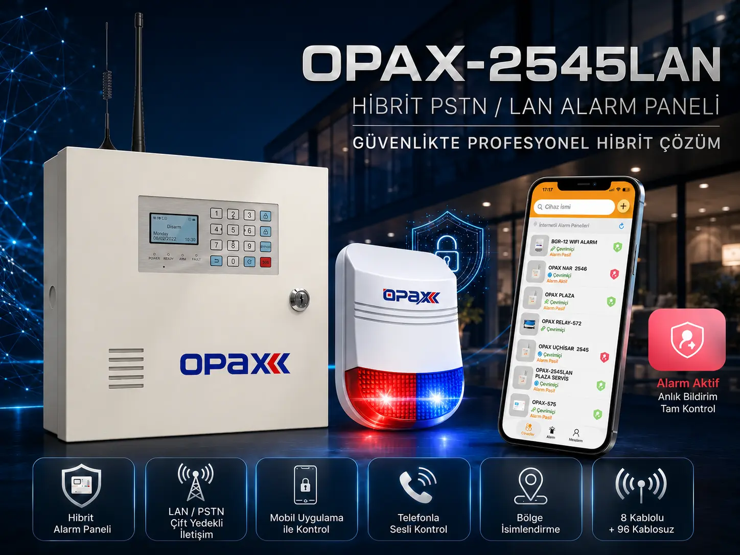 OPAX-2545LAN LAN/PSTN BGR-10 Kablolu Sirenli Akülü Alarm Seti OPAX-2545LAN LAN/PSTN BGR-10 kablolu sirenli akülü alarm seti ürün görseli