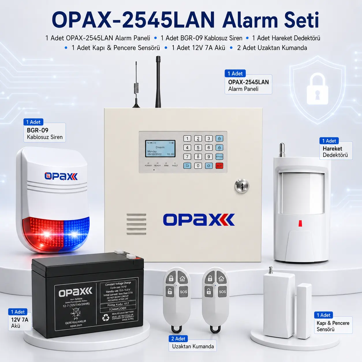 OPAX-2545LAN LAN/PSTN BGR-09 Kablosuz Sirenli Akülü Alarm Seti Kutu İçeriği OPAX-2545LAN BGR-09 kablosuz sirenli akülü alarm seti kutu içeriği