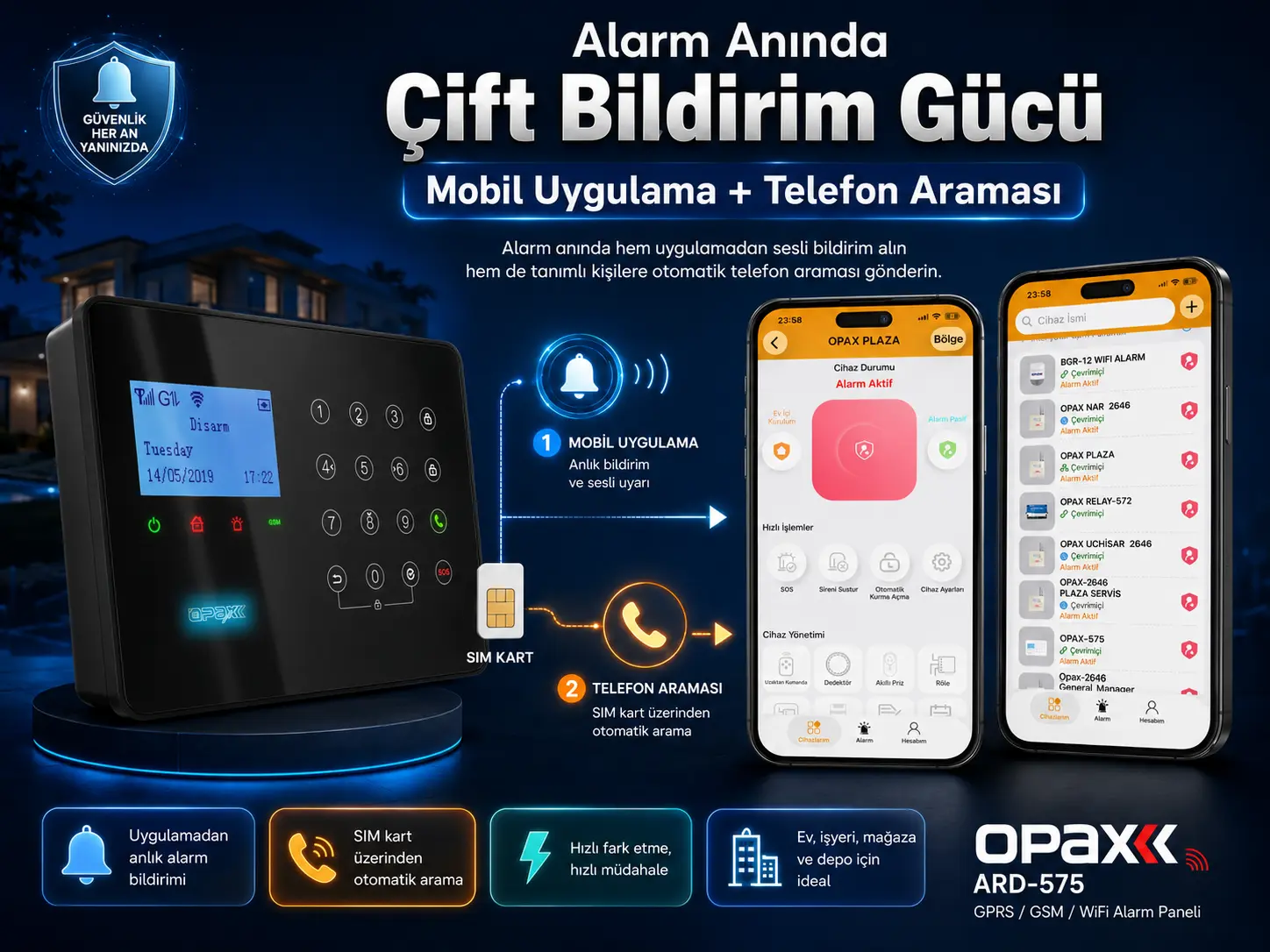 OPAX ARD-575 alarm anında mobil uygulama bildirimi ve telefon araması çift bildirim sistemi