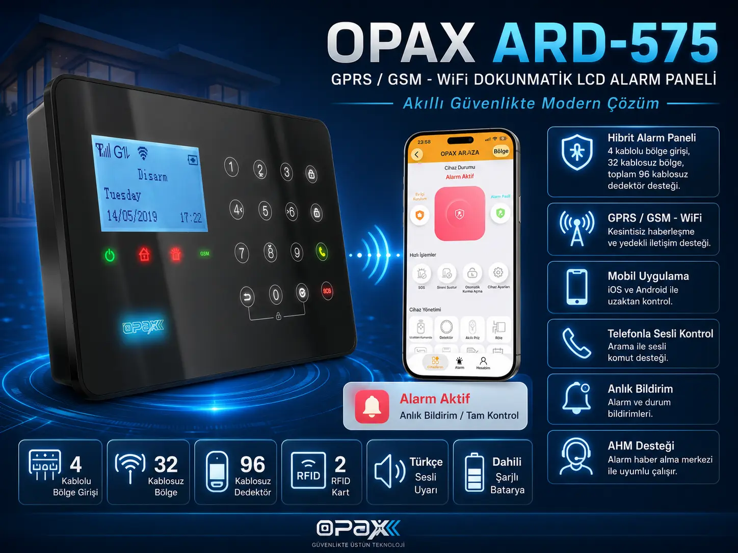 OPAX ARD-575 kablolu ve kablosuz GPRS GSM WiFi 4G profesyonel hibrit alarm paneli ürün görseli