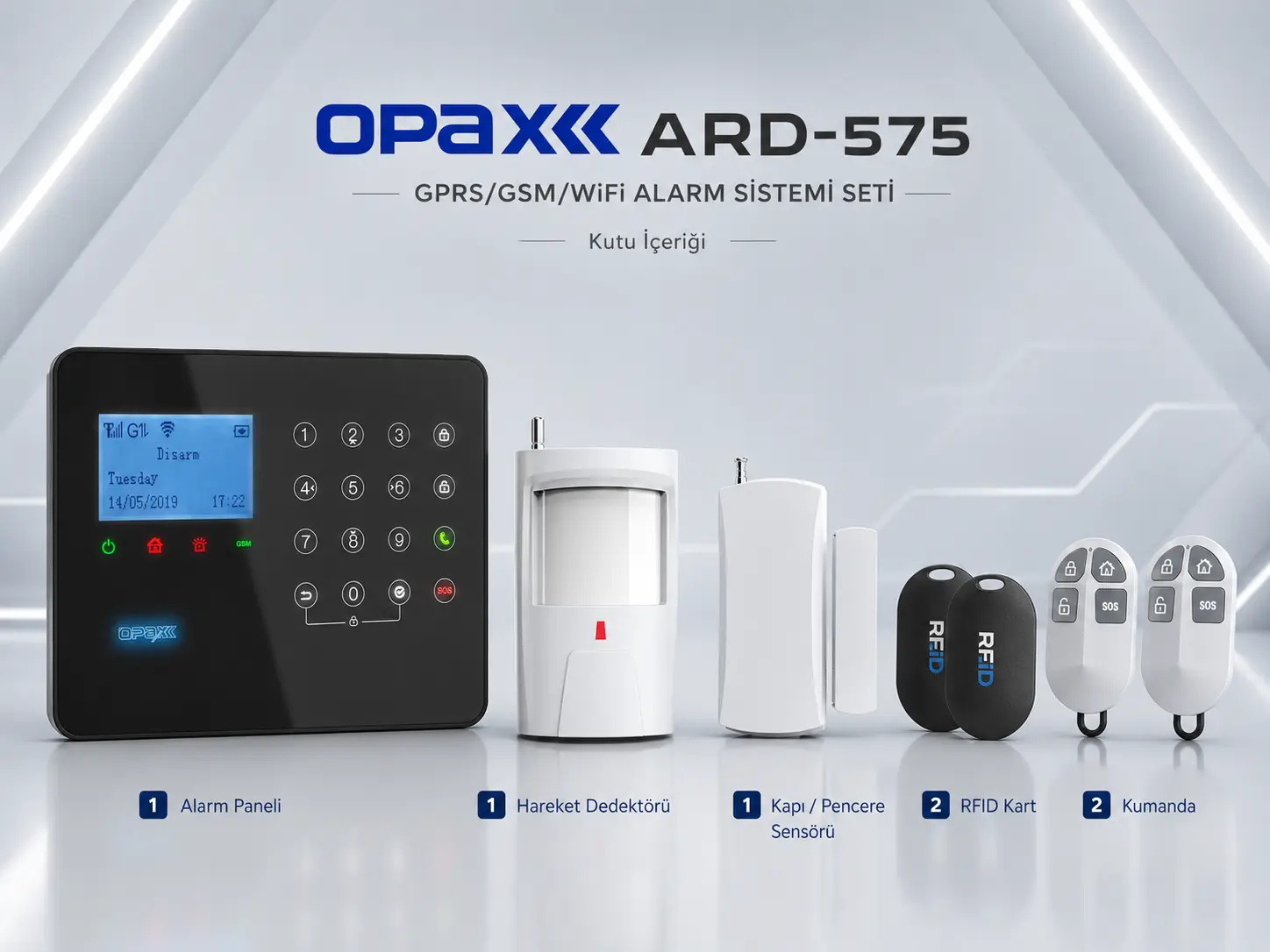 OPAX ARD-575 GPRS GSM WiFi 4G alarm paneli kutu içeriği hareket dedektörü kapı pencere sensörü uzaktan kumanda trafo AHM