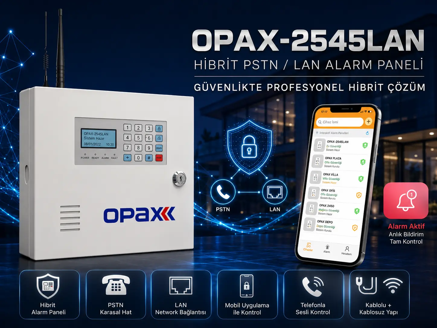OPAX-2545LAN kablolu ve kablosuz PSTN LAN Network profesyonel hibrit alarm paneli ürün görseli