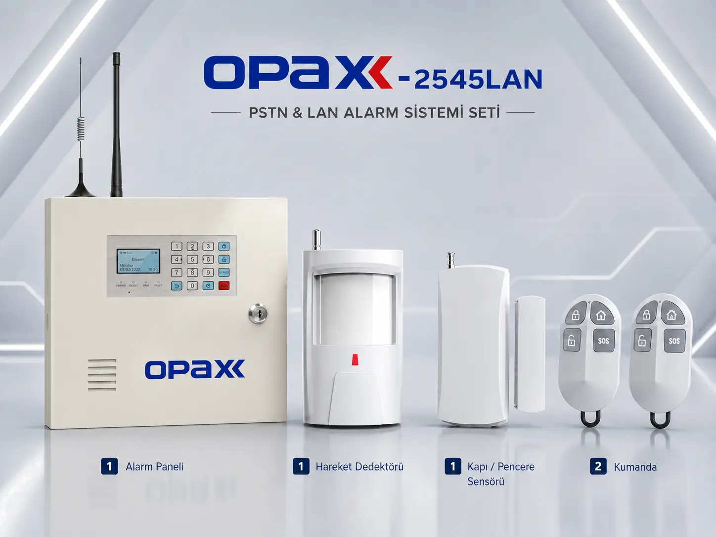 OPAX-2545LAN PSTN LAN alarm paneli kutu içeriği hareket dedektörü kapı pencere sensörü uzaktan kumanda trafo AHM
