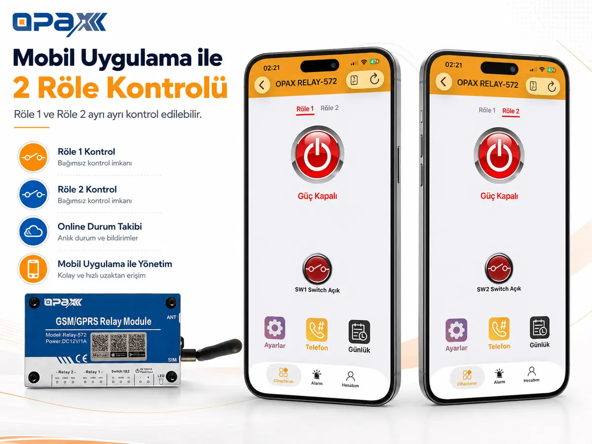 OPAX RELAY-572 Mobil Uygulama ile İki Röle Kontrolü OPAX RELAY-572 mobil uygulama ile Röle 1 ve Röle 2 kontrol ekranı