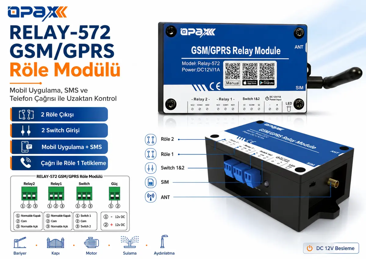 OPAX RELAY-572 GSM/GPRS 2 Röleli Uzaktan Kontrol Modülü OPAX RELAY-572 mobil uygulama, SMS ve çağrı ile 2 röle kontrolü