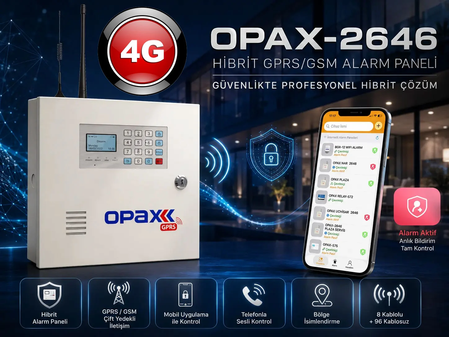 OPAX-2646-4G kablolu ve kablosuz GPRS GSM 4G profesyonel hibrit alarm paneli ürün görseli