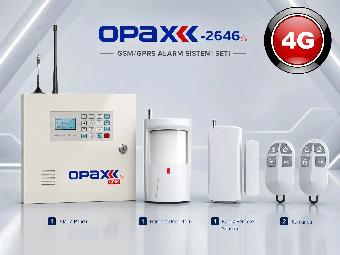 OPAX-2646-4G GPRS GSM 4G alarm paneli kutu içeriği hareket dedektörü kapı pencere sensörü uzaktan kumanda trafo AHM