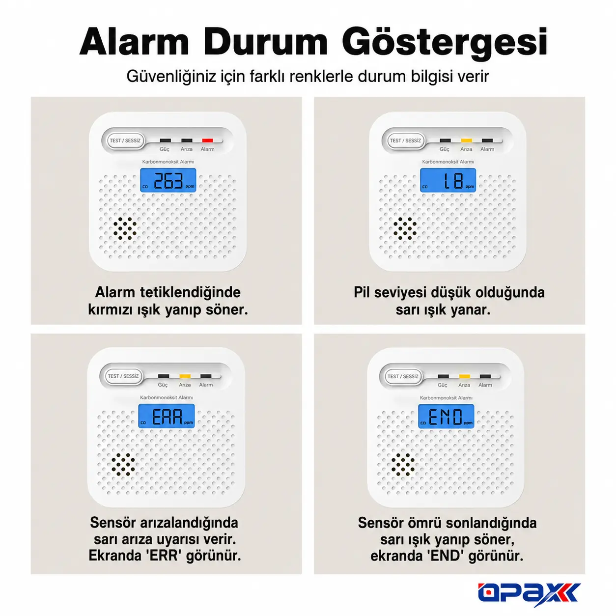 OPAX karbonmonoksit dedektörü güçlü özellikler yüksek sesli alarm LCD ekran WiFi