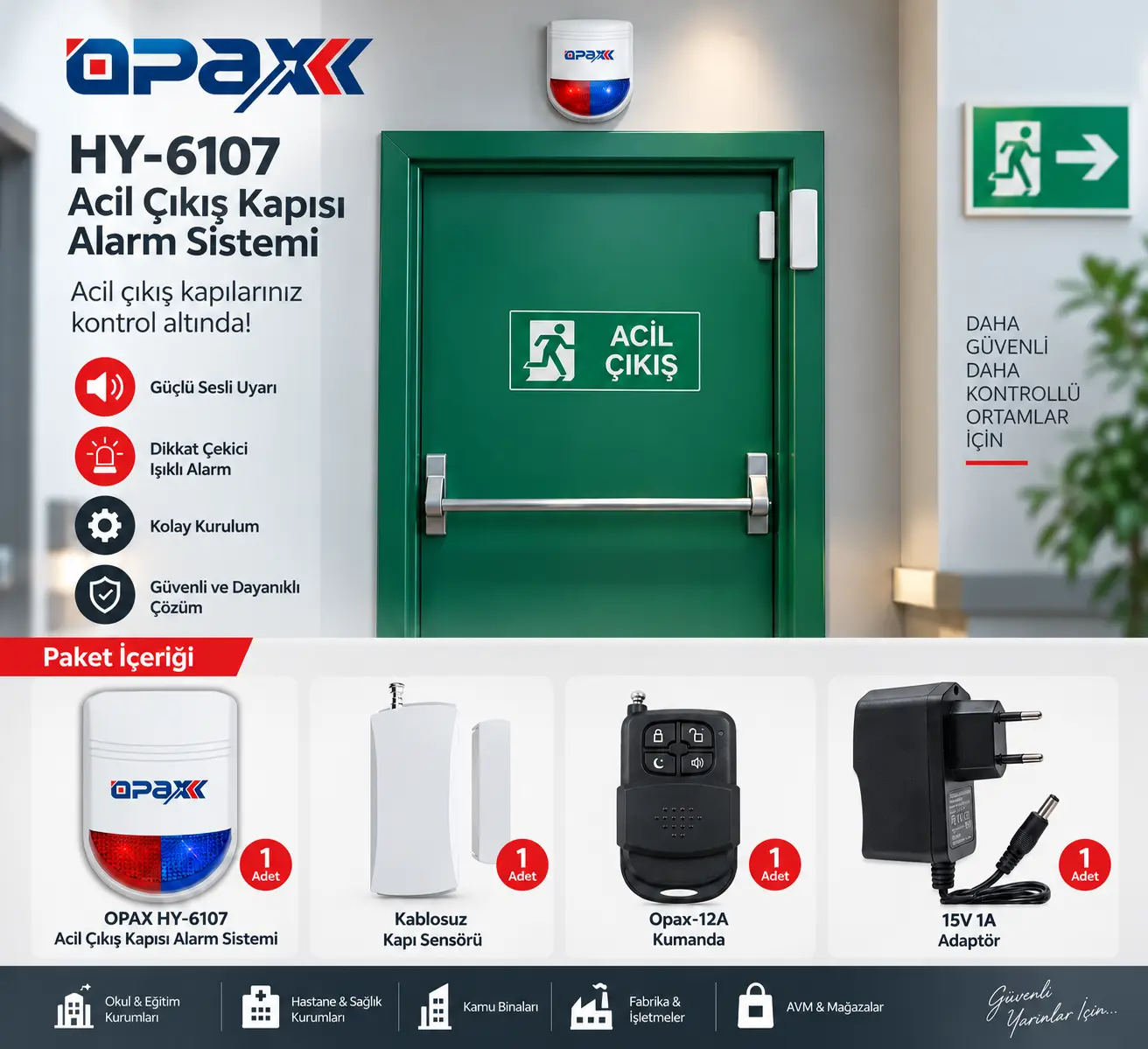 OPAX HY-6107-ARD2005 Kablosuz Acil Çıkış Kapısı Alarm Sistemi Seti - HY-6107 ve ARD-2005
