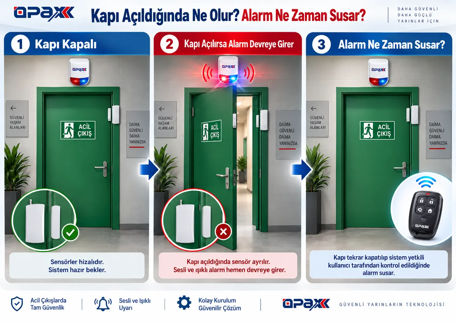 ARD-2005 kablosuz kapı sensörü ile OPAX HY-6107 acil çıkış alarmının çalışma mantığı
