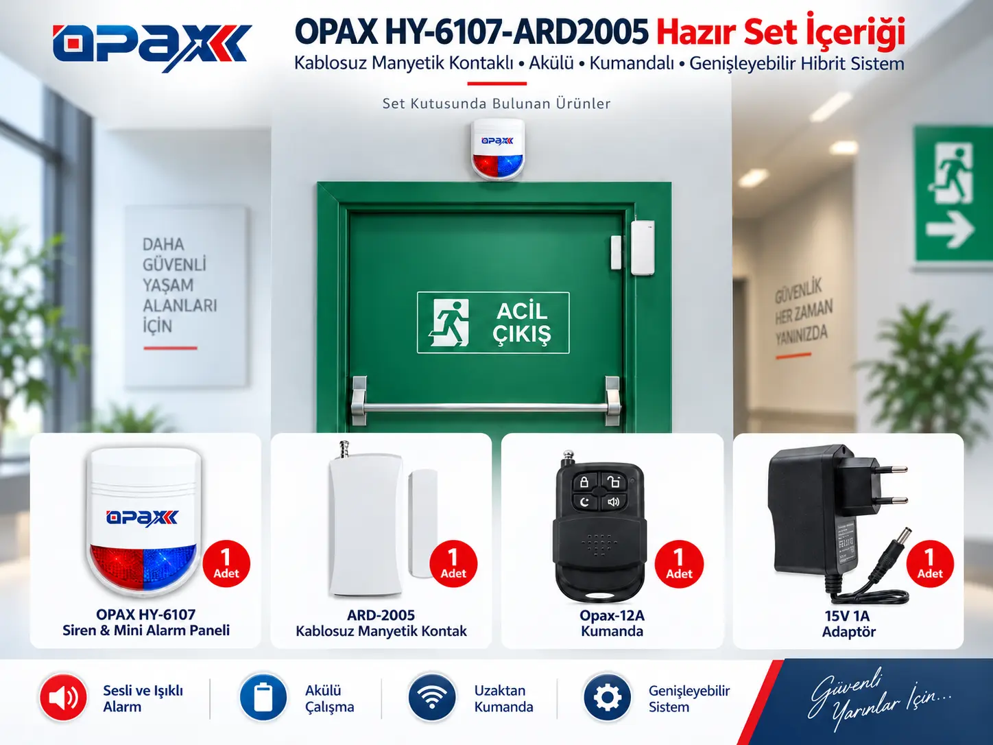 OPAX HY-6107-ARD2005 kablosuz acil çıkış kapısı alarm sistemi hazır set içeriği