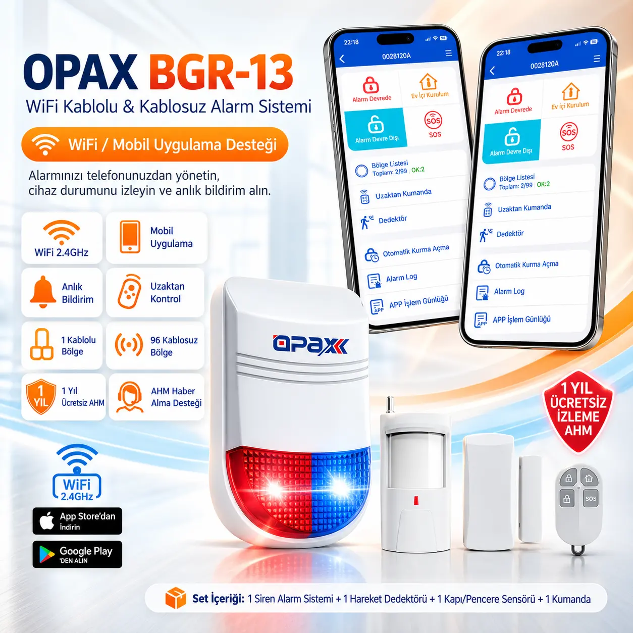 OPAX BGR-13 Dahili Siren ve Caydırıcılık OPAX BGR-13 kırmızı mavi yanıp sönen dahili sirenli WiFi alarm sistemi görseli