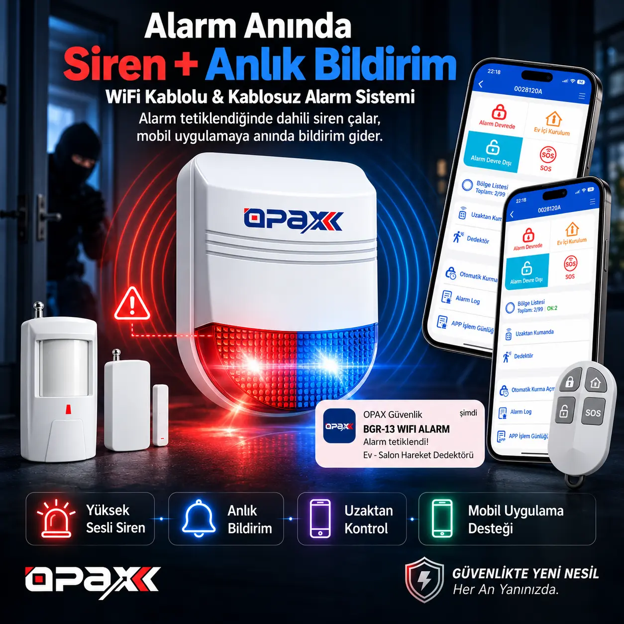 OPAX BGR-13 Alarm Anında Siren ve Anlık Bildirim OPAX BGR-13 alarm anında siren ve anlık mobil bildirim senaryosu görseli