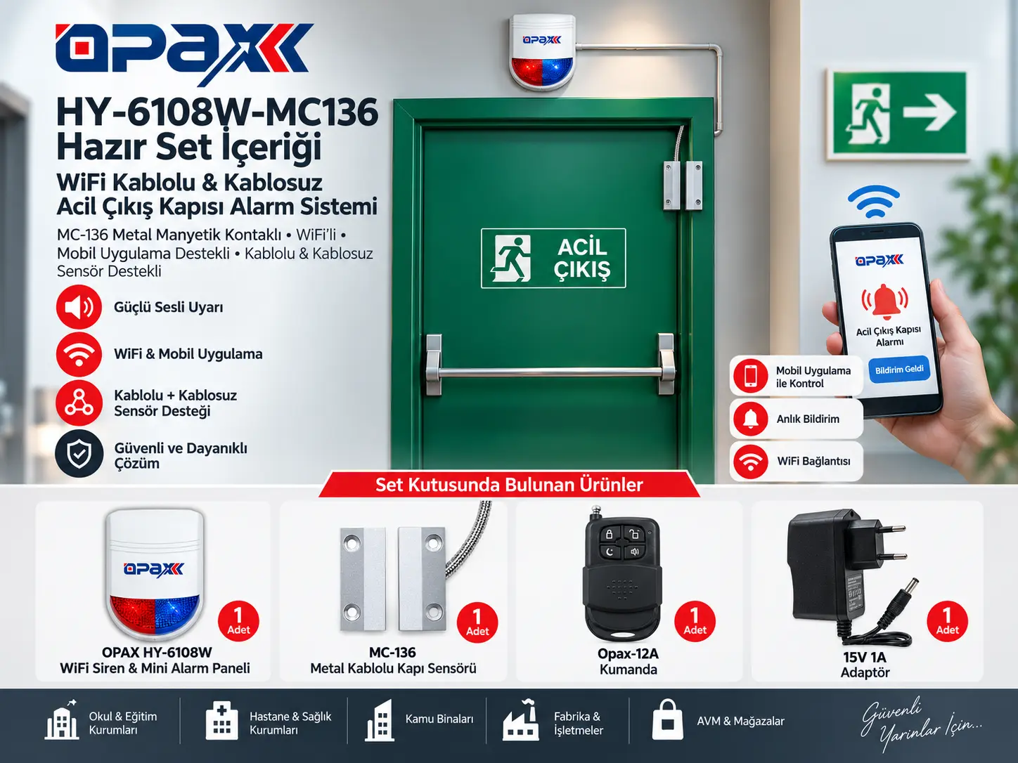 OPAX HY-6108W-MC136 Kablolu Acil Çıkış Kapısı Alarm Sistemi Seti - HY-6108W Alarm Paneli