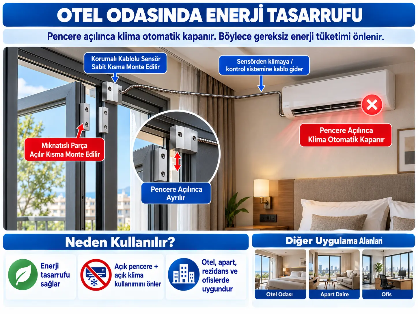 otel odası pencere klima enerji tasarrufu manyetik kontak uygulaması