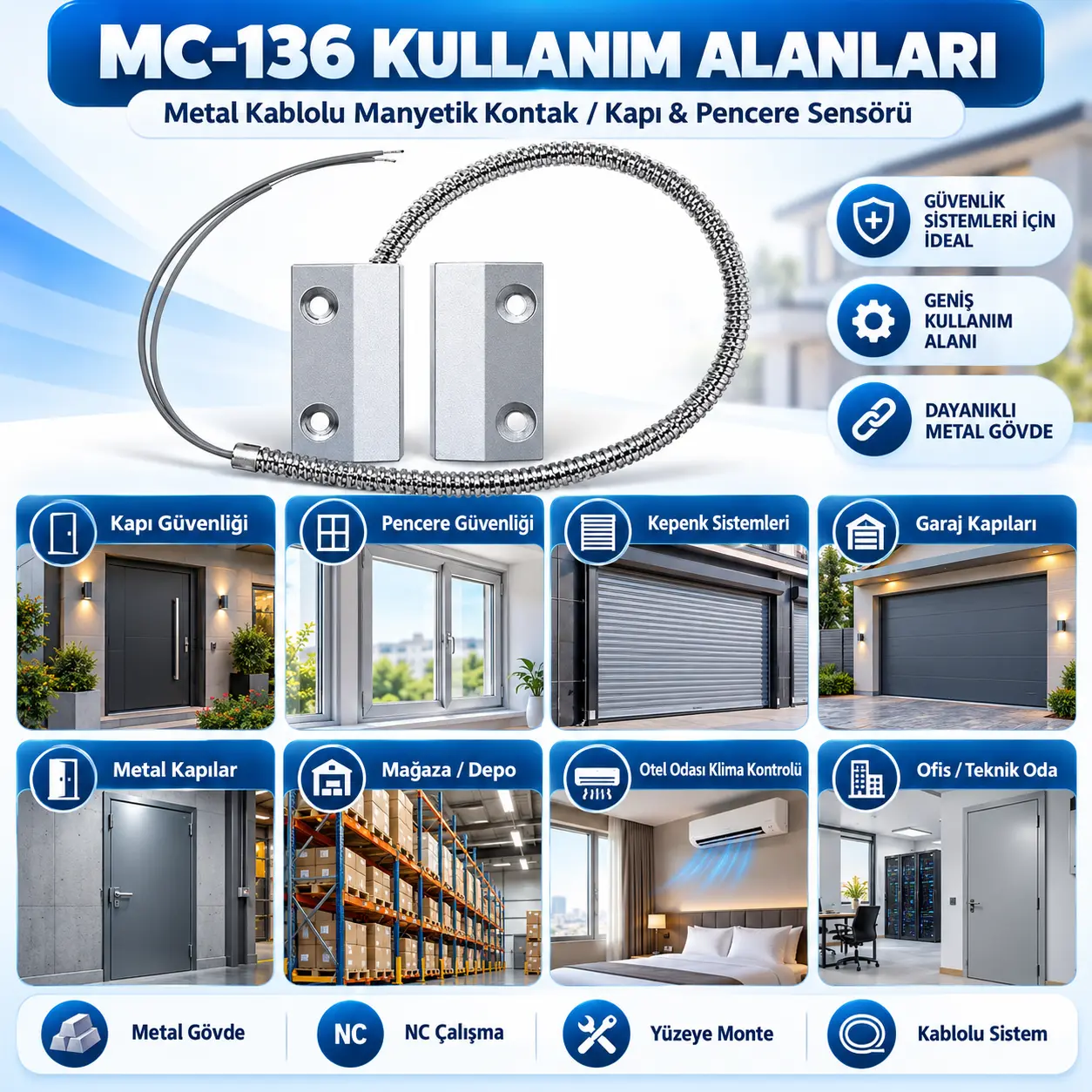 MC-136 garaj kapısı ve kepenk manyetik kontak uygulaması