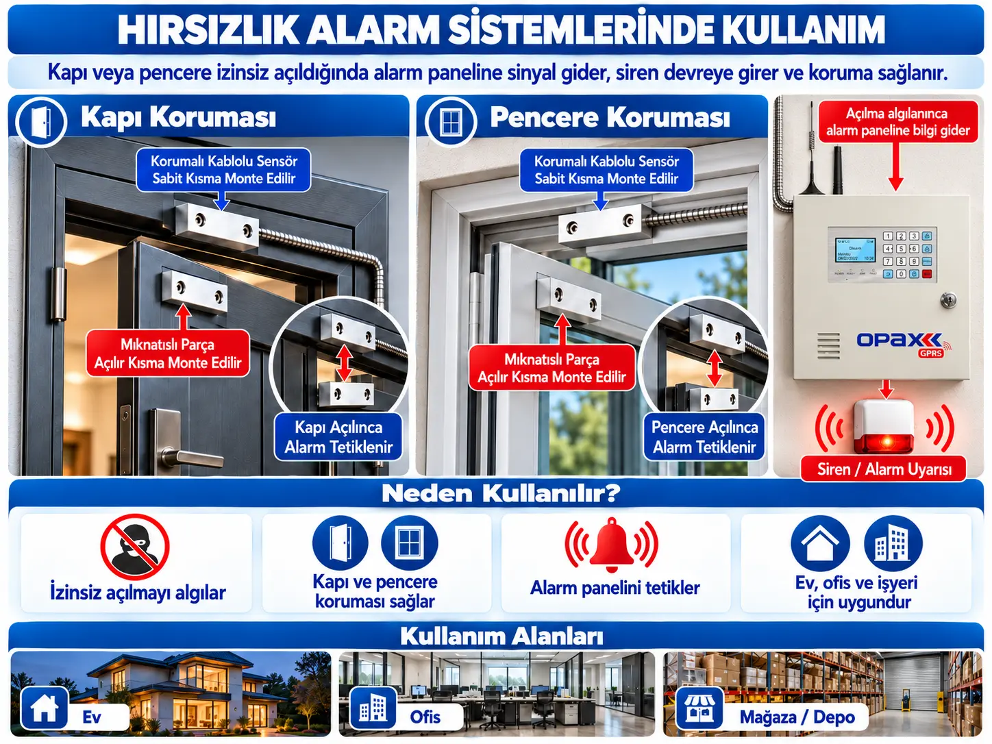 OPAX MC-136 metal kablolu manyetik kontak kapı pencere kepenk sensörü