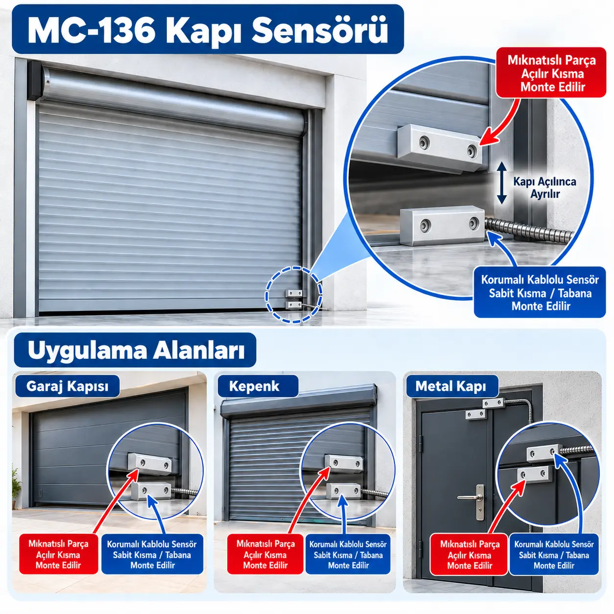 MC-136 metal kapı hırsız alarmı manyetik kontak uygulaması