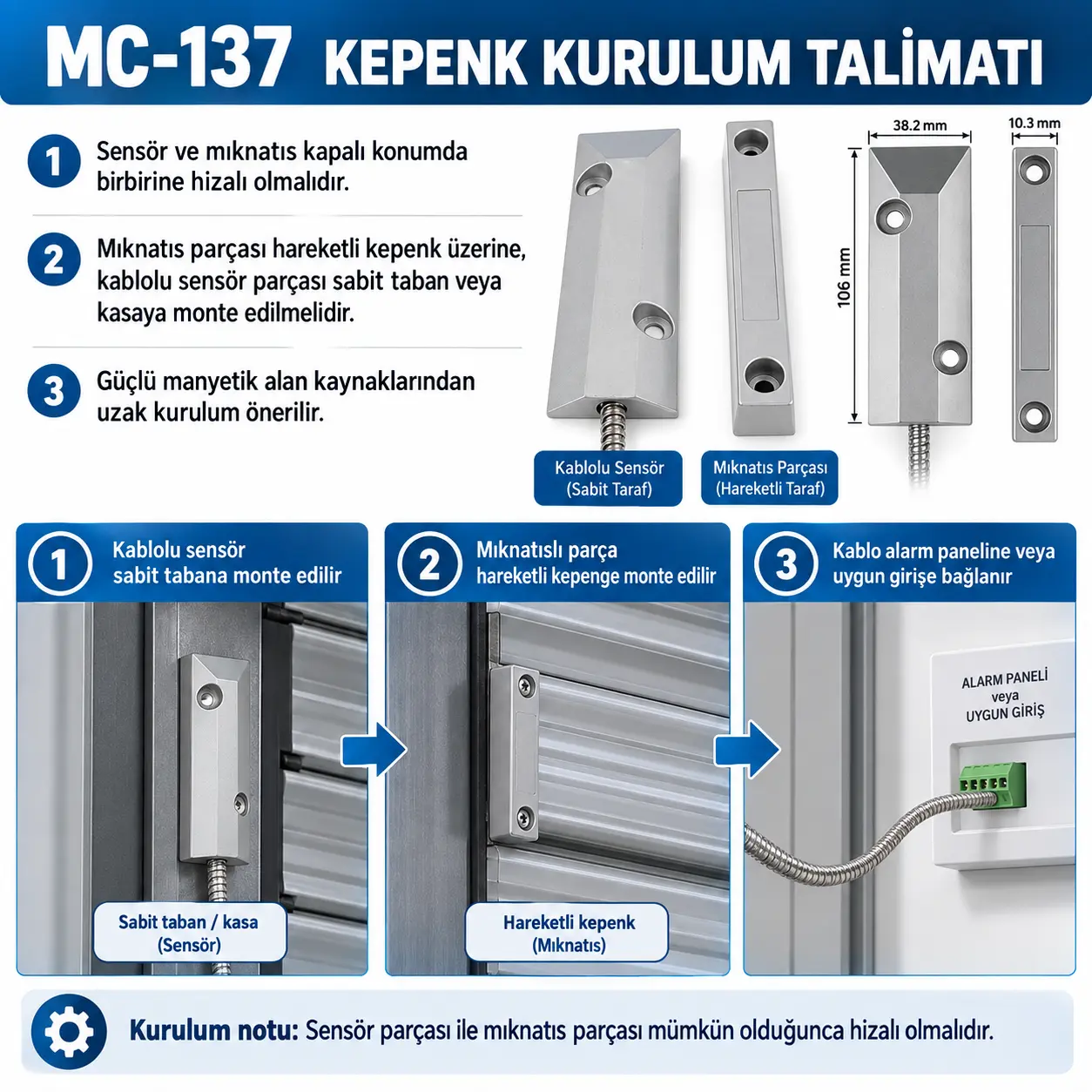 MC-137 yüzeye monte vidalı kablolu manyetik kontak sabit zemin kepenk mıknatıs hareketli kapı kurulumu