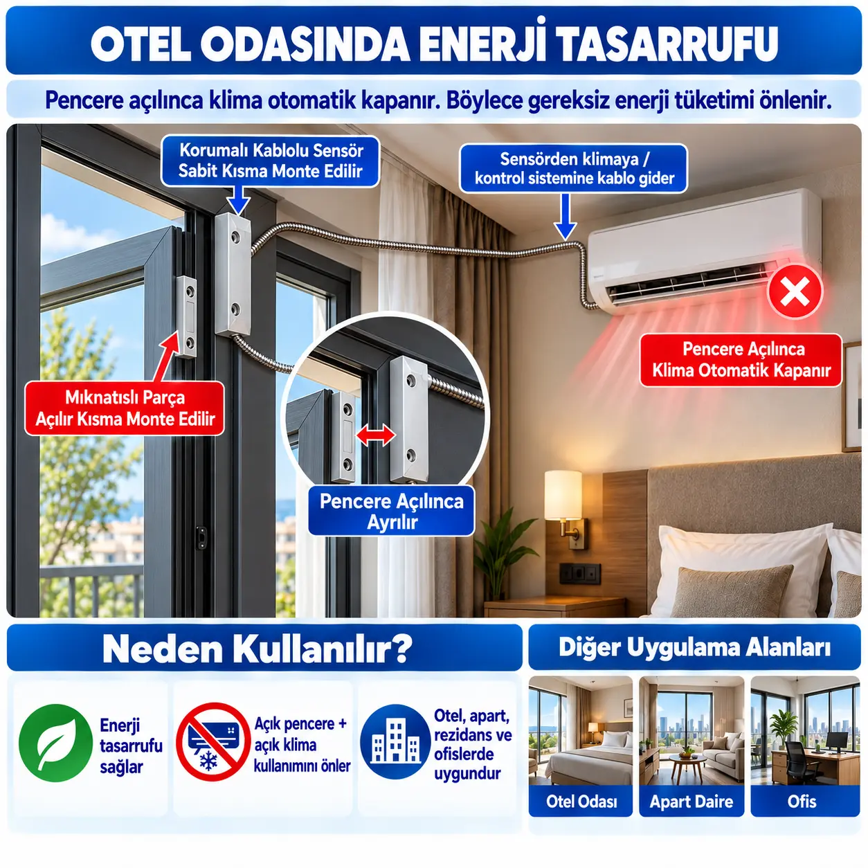 OPAX MC-137 otel pencere klima enerji tasarrufu sensör sabit kasa mıknatıs hareketli pencere