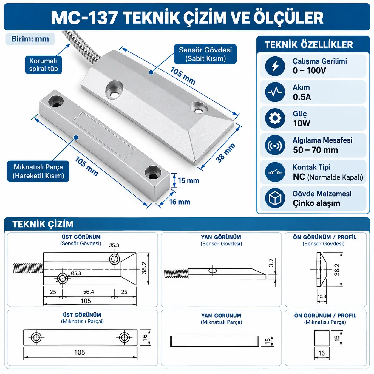 OPAX MC-137 kablolu metal manyetik kontak ürün sensör mıknatıs spiral korumalı kablo