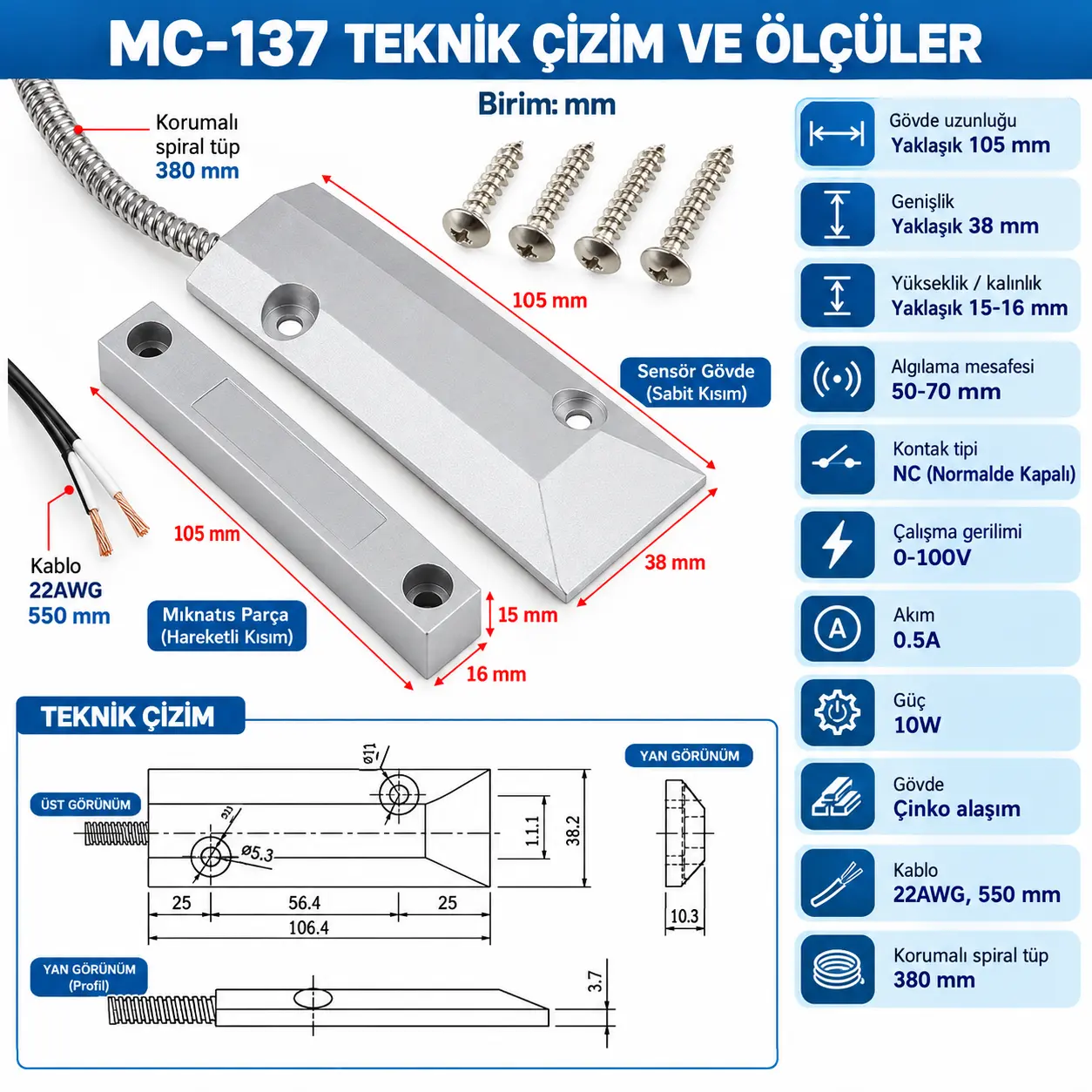 OPAX MC-137 metal manyetik kontak 106 mm 38 mm teknik çizim kontak NC 50 70 mm