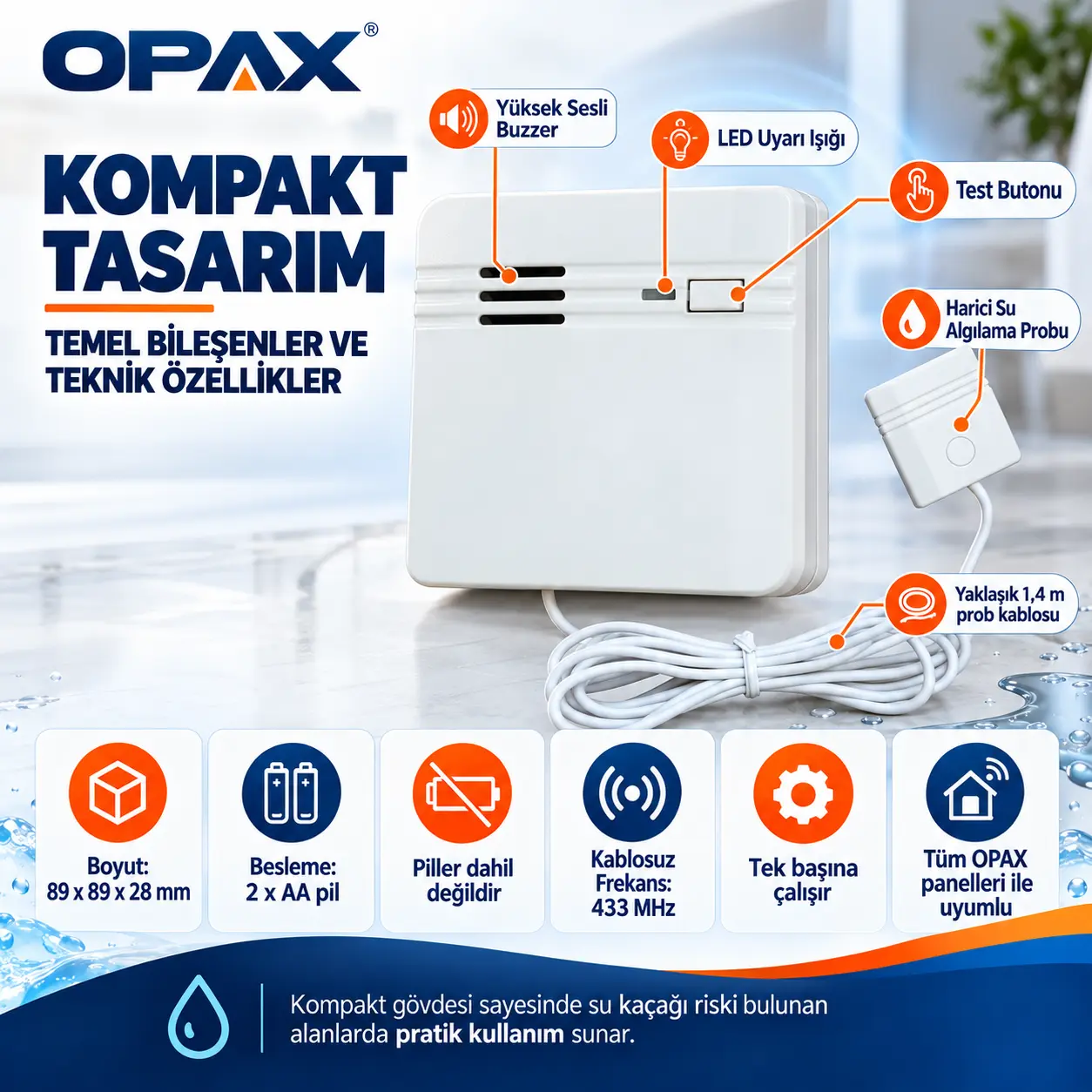 OPAX SBD-WRLS 433 MHz kablosuz su baskını ve su kaçağı dedektörü - Su algılandığında sesli ve ışıklı uyarı
