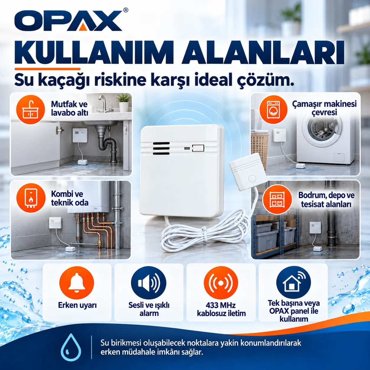 OPAX SBD-WRLS 433 MHz kablosuz su baskını ve su kaçağı dedektörü - Ev, ofis ve teknik alanlarda su sızıntısı güvenliği