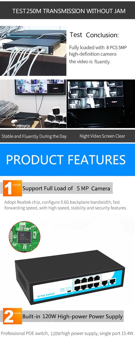 100M 8 Port POE Network Switch 48V with 2 Gigabit Uplink RJ45 Ports