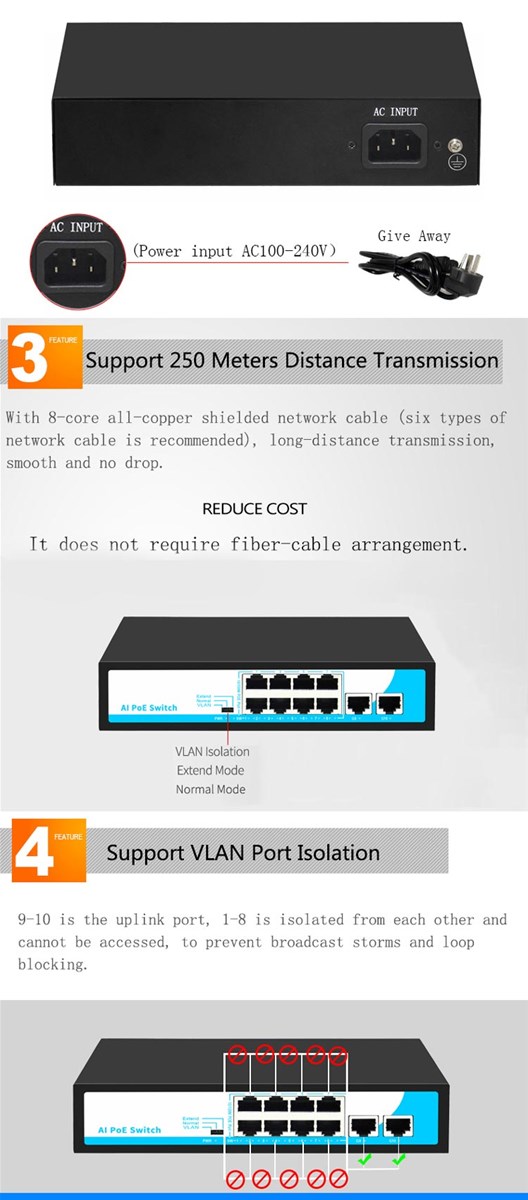100M 8 Port POE Network Switch 48V with 2 Gigabit Uplink RJ45 Ports
