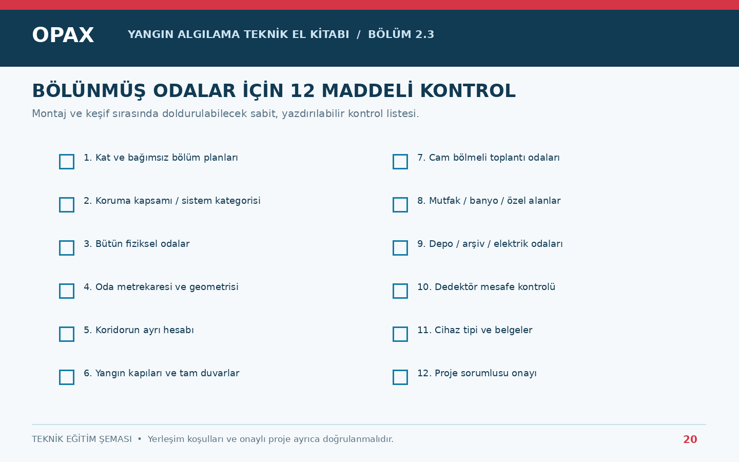 Bölünmüş oda dedektör yerleşimi için on iki maddelik kontrol listesi