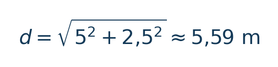 Matematiksel hesap: d=\sqrt{5^2+2{,}5^2} \approx5{,}59\ \mathrm m \