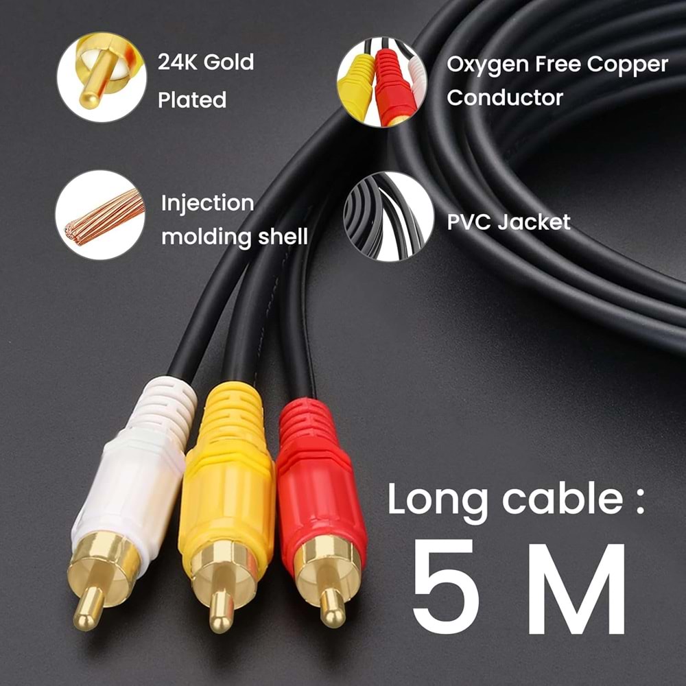 6 Metre 3 RCA - 3 RCA Kompozit AV Kablosu | Stereo Ses ve Video Bağlantısı