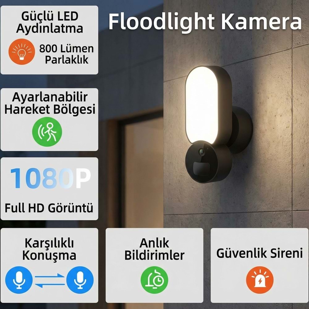 OPAX-60120 PROJEKTÖRLÜ WiFi KAMERA / ALARM / KARŞILIKLI KONUŞMA / HAREKET SENSÖRÜ / SD KART DESTEĞİ