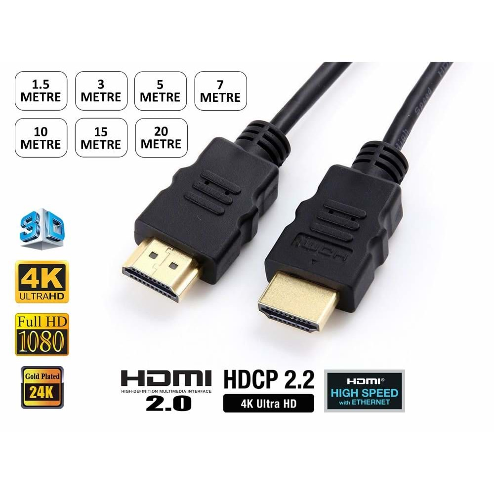 10 Metre HDMI 3D + 4K UHD Erkek / Erkek Altın Uç Kablo