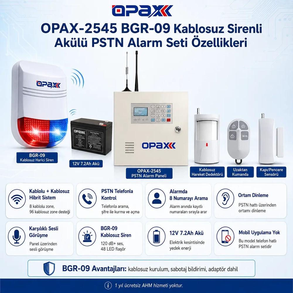 OPAX-2545 PSTN BGR-09 Kablosuz Sirenli Akülü Ev ve İşyeri Alarm Seti
