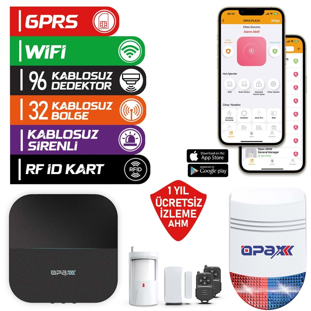 OPAX-W20+BGR-09 GPRS I GSM I WIFI & BGR-09 KABLOSUZ SİRENLİ ALARM SİSTEMİ (1 YIL AHM ÜCRETSİZ)