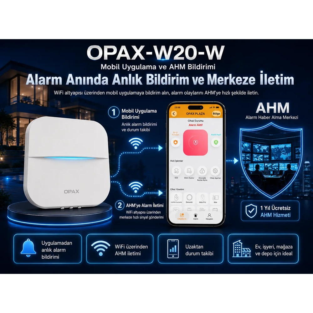 OPAX-W20-W Siyah BGR-09 Kablosuz Sirenli Akülü WiFi Ev ve İşyeri Alarm Seti