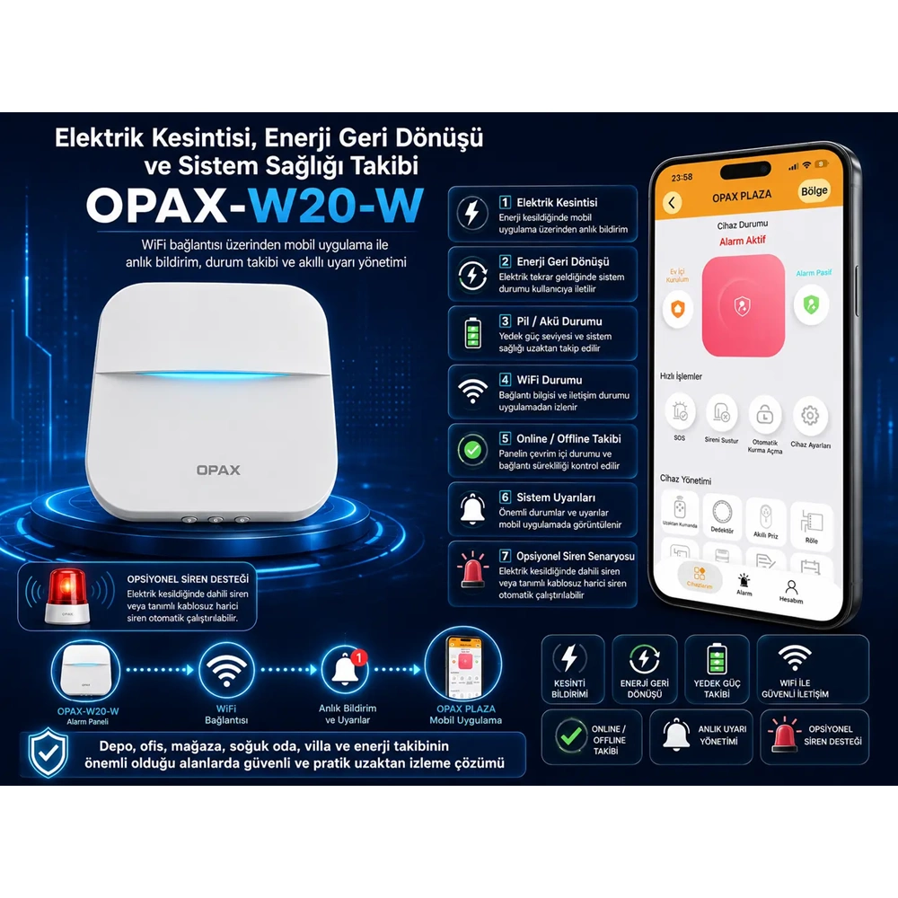 OPAX-W20-W Siyah BGR-09 Kablosuz Sirenli Akülü WiFi Ev ve İşyeri Alarm Seti