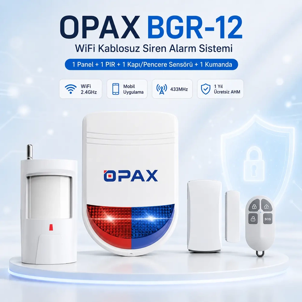 OPAX BGR-12 WiFi Kablosuz Alarm Sistemi | 96 Bölge Desteği (1 YIL AHM ÜCRETSİZ)