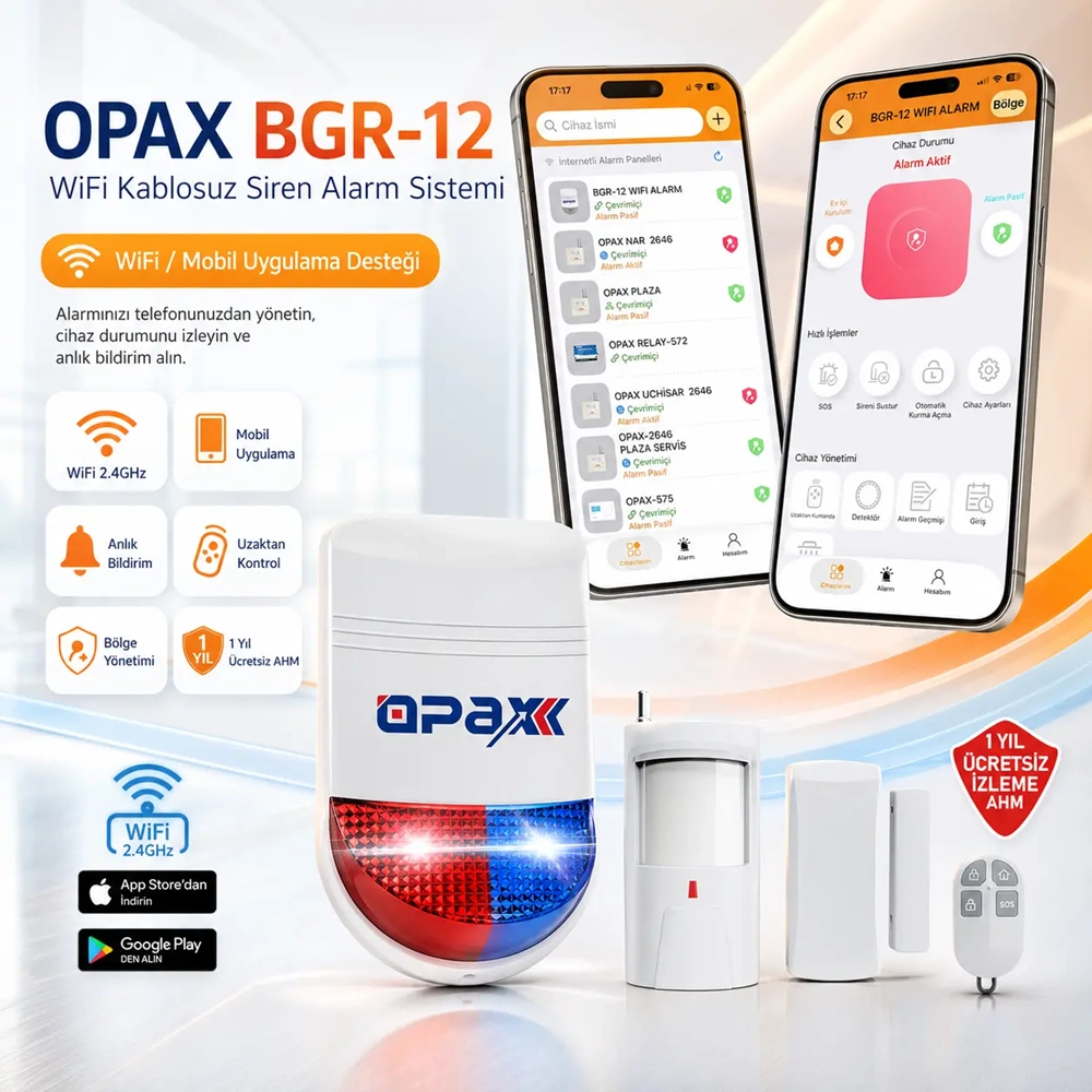 OPAX BGR-12 WiFi Kablosuz Alarm Sistemi | 96 Bölge Desteği (1 YIL AHM ÜCRETSİZ)