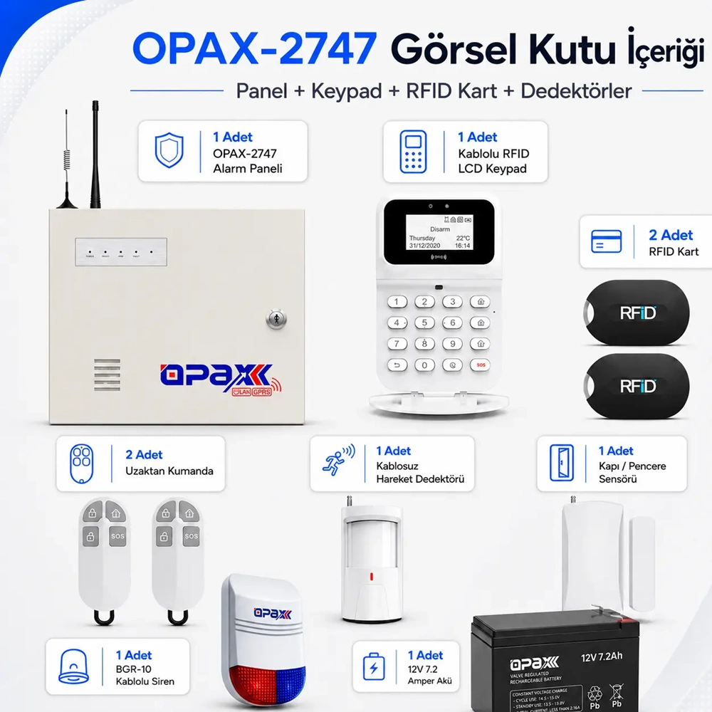 OPAX-2747 GPRS/GSM/LAN BGR-10 Kablolu Sirenli ve Akülü Kablolu/Kablosuz Ev ve İşyeri Alarm Seti